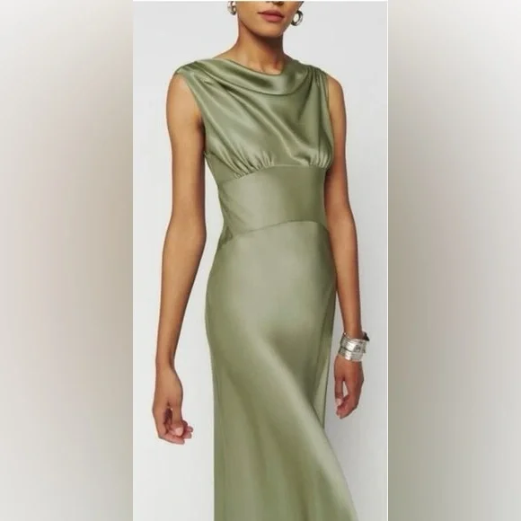 Reformation Satin Maxi Dress Sage Green tag 12 tailored to fit size 10 long - Picture 4 of 11